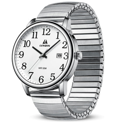 LN LENQIN Mens 38mm Stainless Steel Quartz Watch Expansion Band Easy Reader
