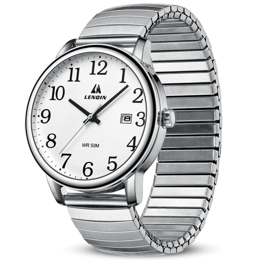 LN LENQIN Mens 38mm Stainless Steel Quartz Watch Expansion Band Easy Reader