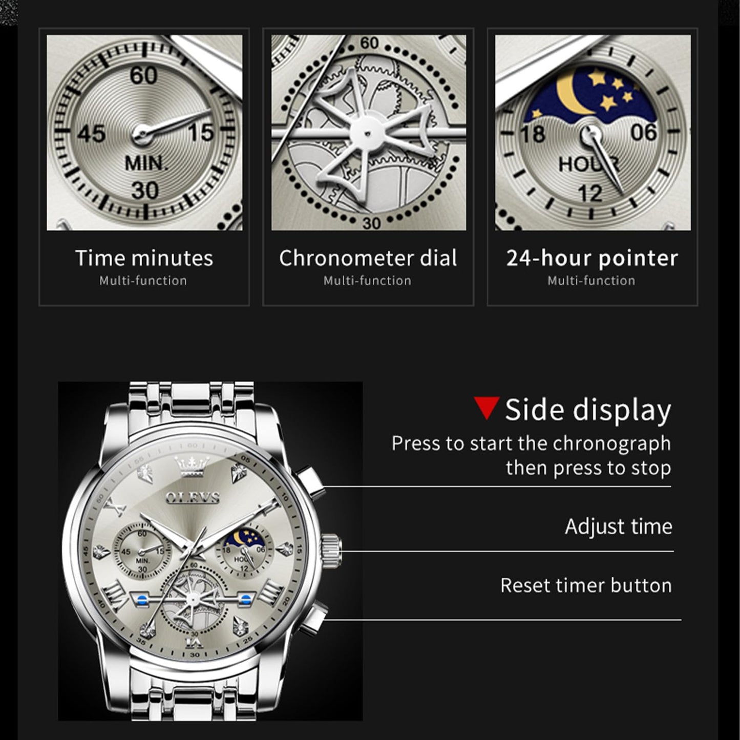 OLEVS Men's Big Face Luxury Quartz Watch 41mm Stainless Steel | Waterproof Luminous