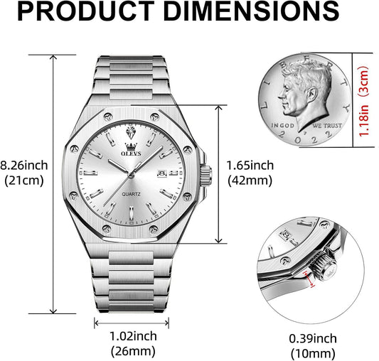 OLEVS 남성용 팔각형 럭셔리 드레스 시계 42mm 스테인리스 | Quartz Analog
