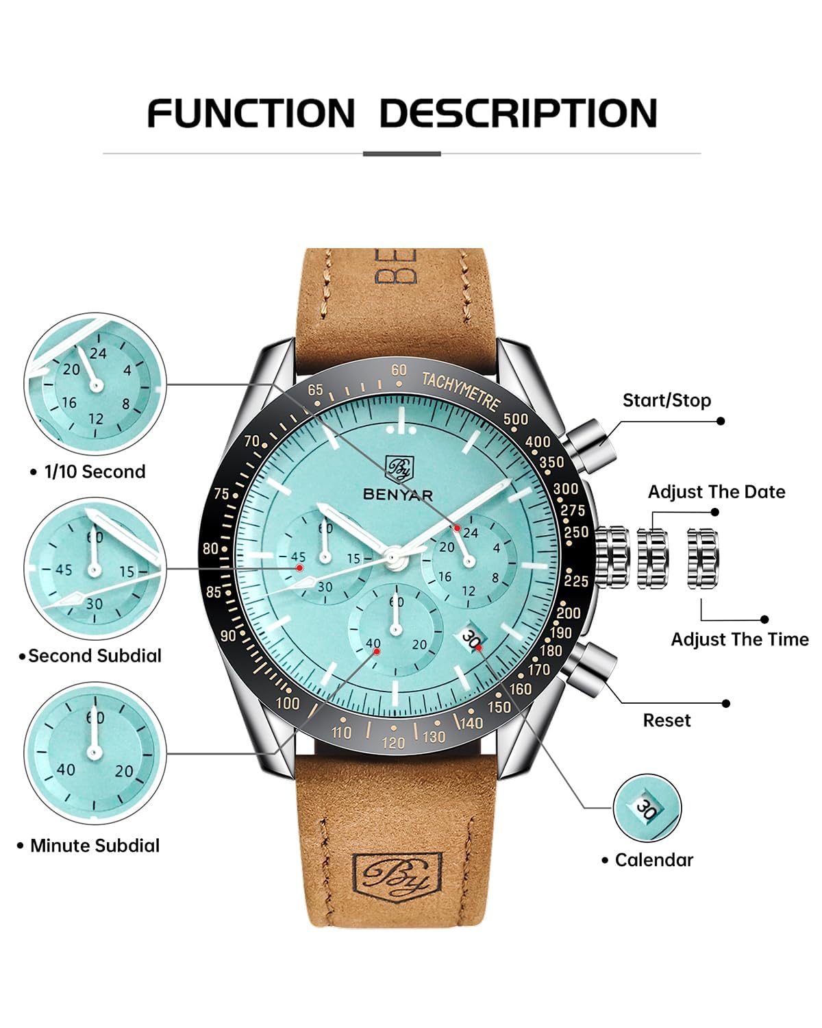 BY BENYAR Men's 45mm Chronograph Quartz Watch | Silicone Strap, Water Resistant