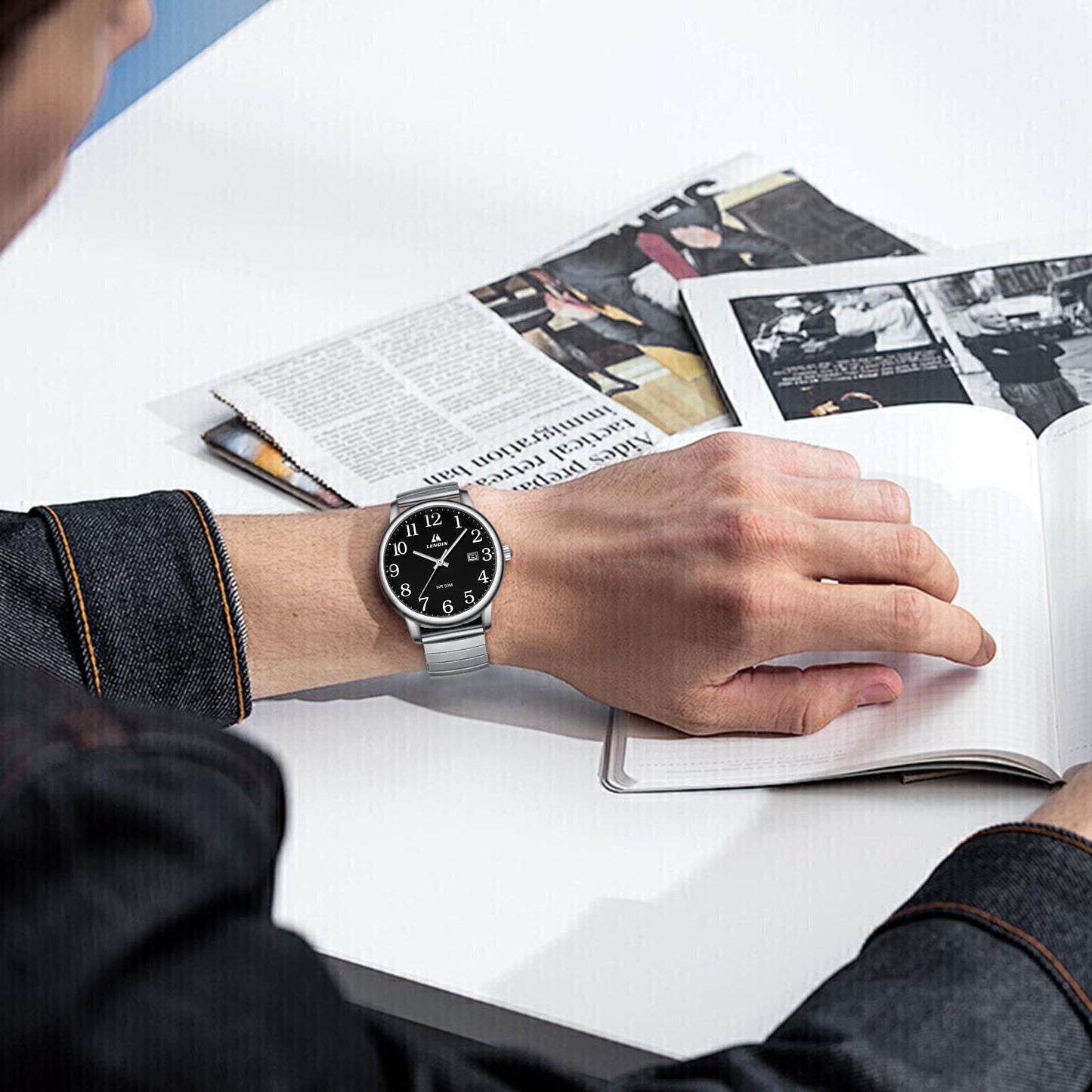 엘엔 렌친 남성용 38mm 스테인리스 쿼츠 시계 확장 밴드 | LN LENQIN Men’s Analog Watch