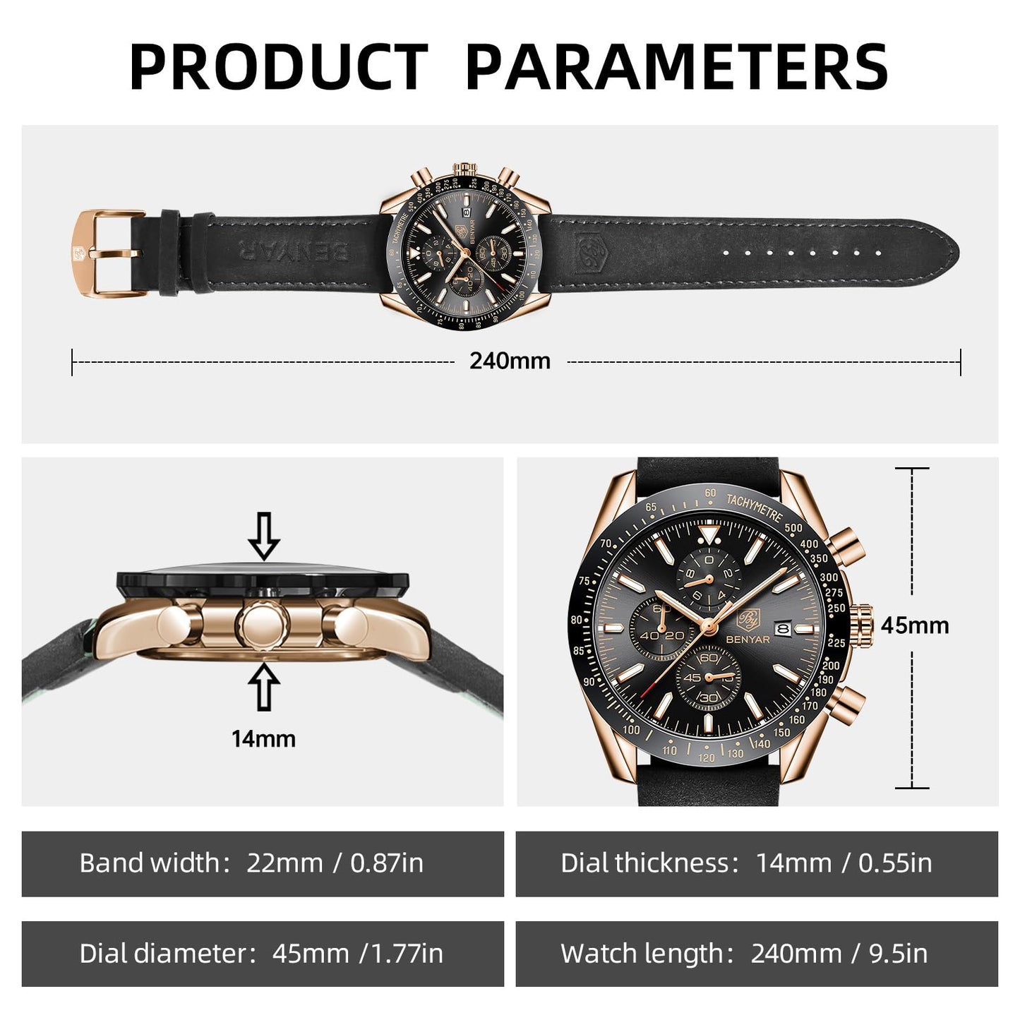 BY BENYAR Men's 45mm Chronograph Quartz Watch | Silicone Strap, Water Resistant