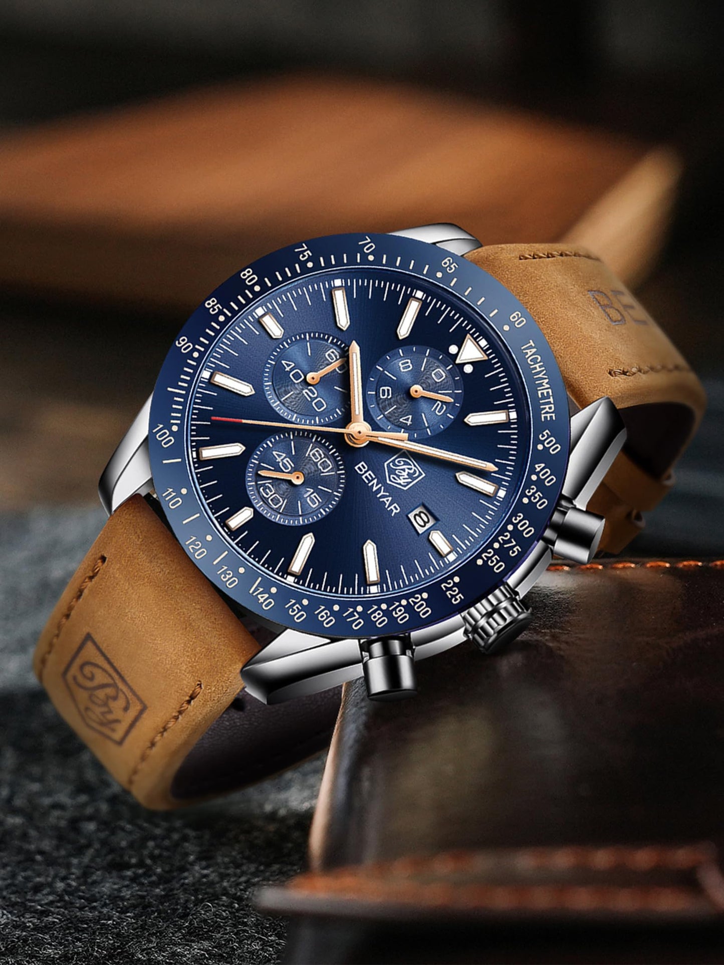 BY BENYAR Men's 45mm Chronograph Quartz Watch | Silicone Strap, Water Resistant