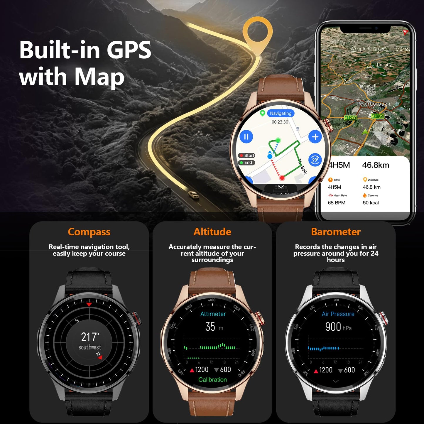 Men's 1.46-inch AI Smartwatch with Built-in GPS, Bluetooth Calls, and 5 ATM | Built-in GPS Smart Watch 