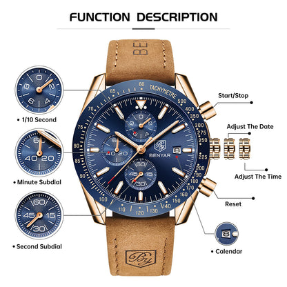 BY BENYAR Men's 45mm Chronograph Quartz Watch | Silicone Strap, Water Resistant