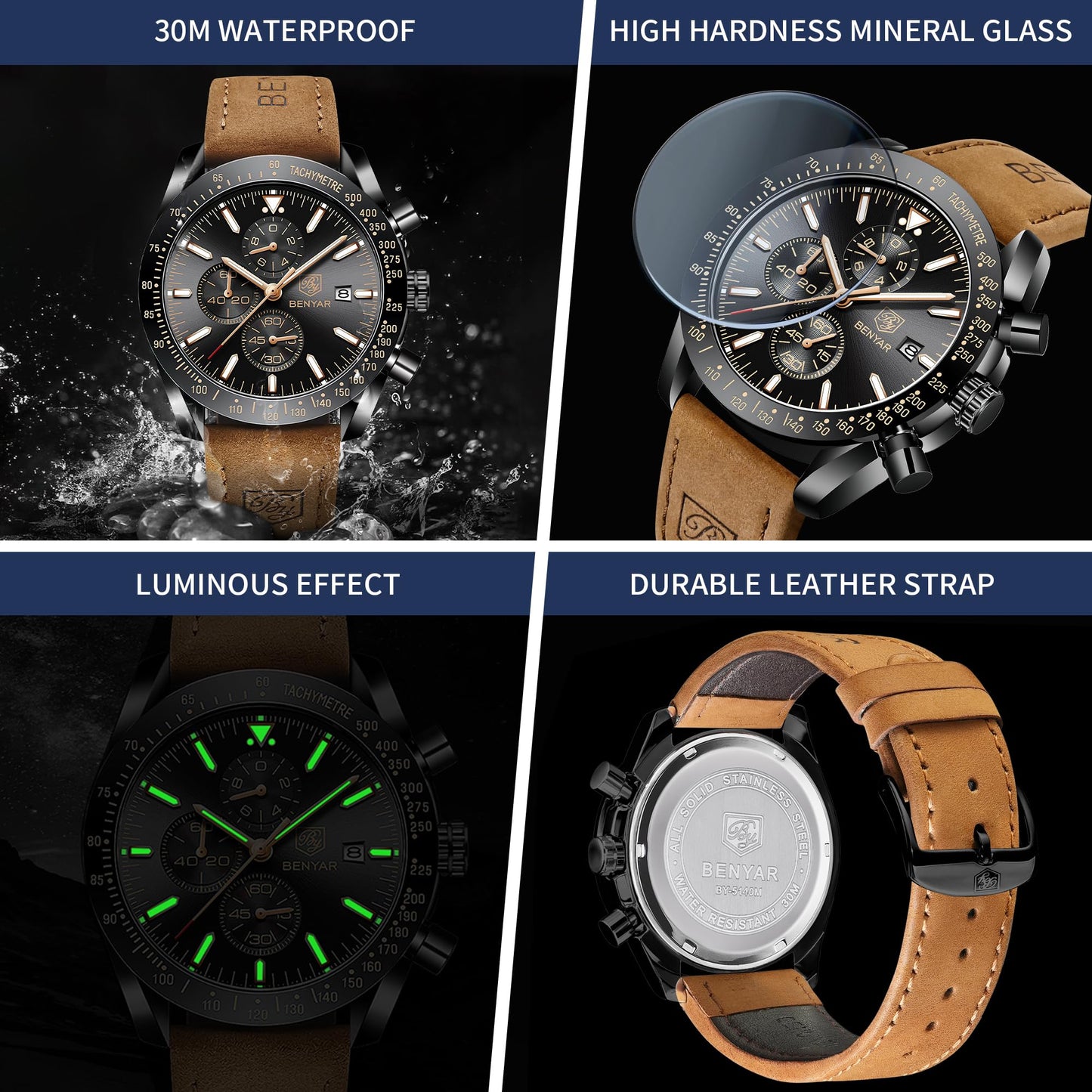 BY BENYAR Men's 45mm Chronograph Quartz Watch | Silicone Strap, Water Resistant