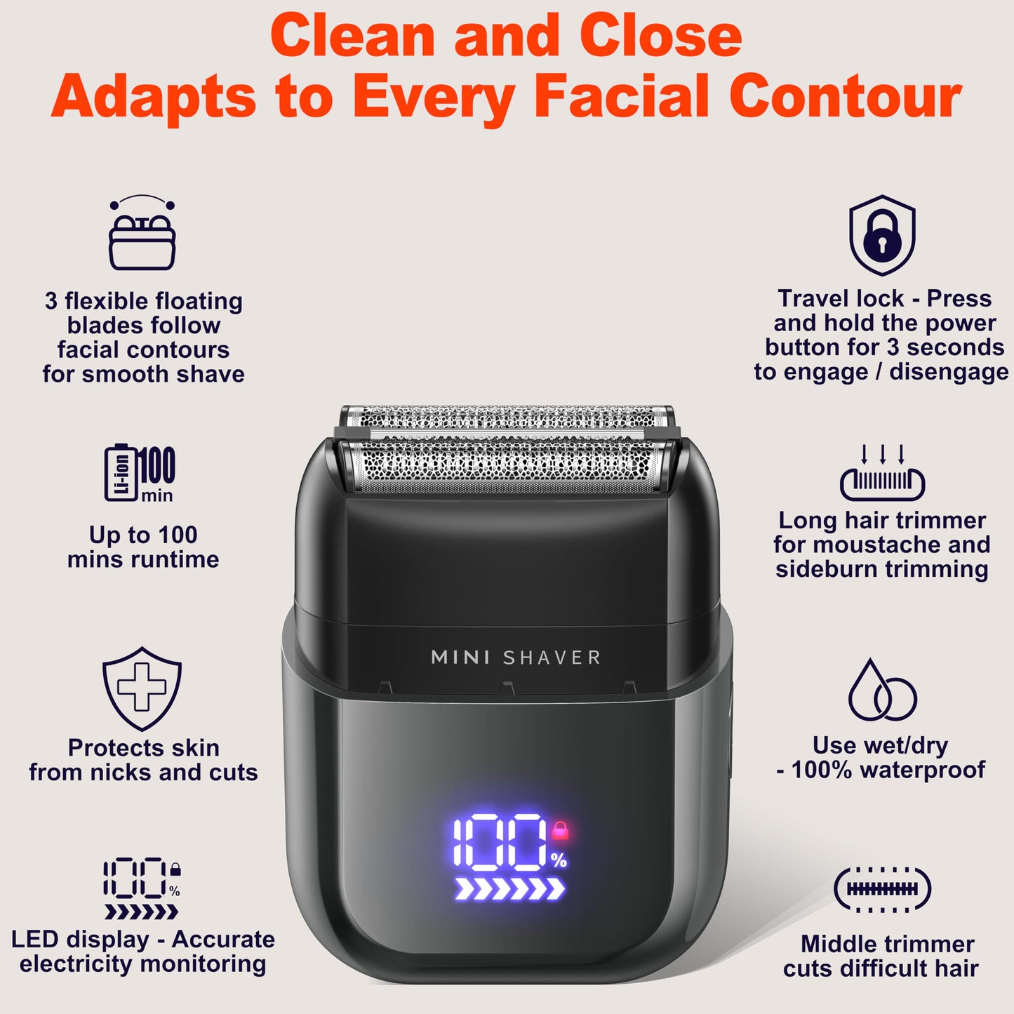 텔펀 WF-2043 전기 면도기 IPX7 방수 USB-C 충전 휴대용 | Telfun WF-2043 Electric Shaver