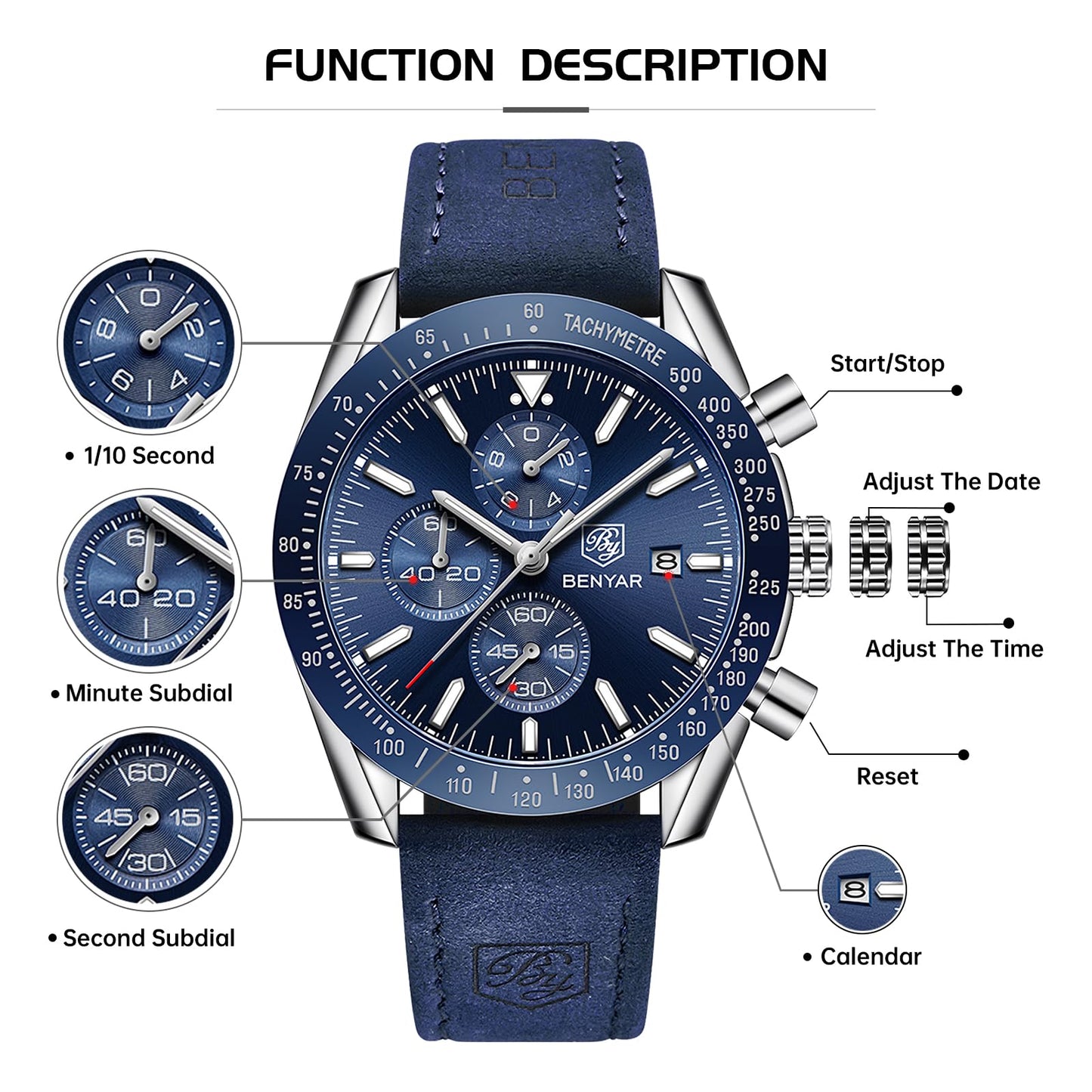 BY BENYAR Men's 45mm Chronograph Quartz Watch | Silicone Strap, Water Resistant