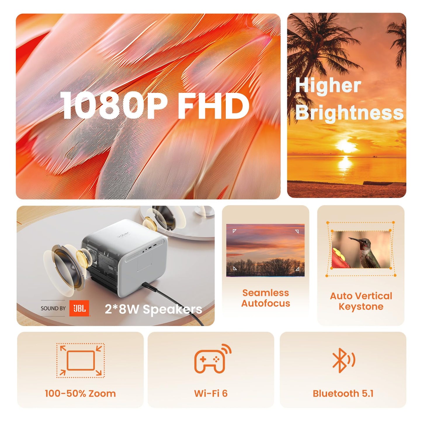 Yaber 1080P JBL Sound Projector with WiFi6, Bluetooth, and Autofocus | Yaber 1080P Projector with JBL Sound 