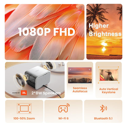 Yaber 1080P JBL Sound Projector with WiFi6, Bluetooth, and Autofocus | Yaber 1080P Projector with JBL Sound 