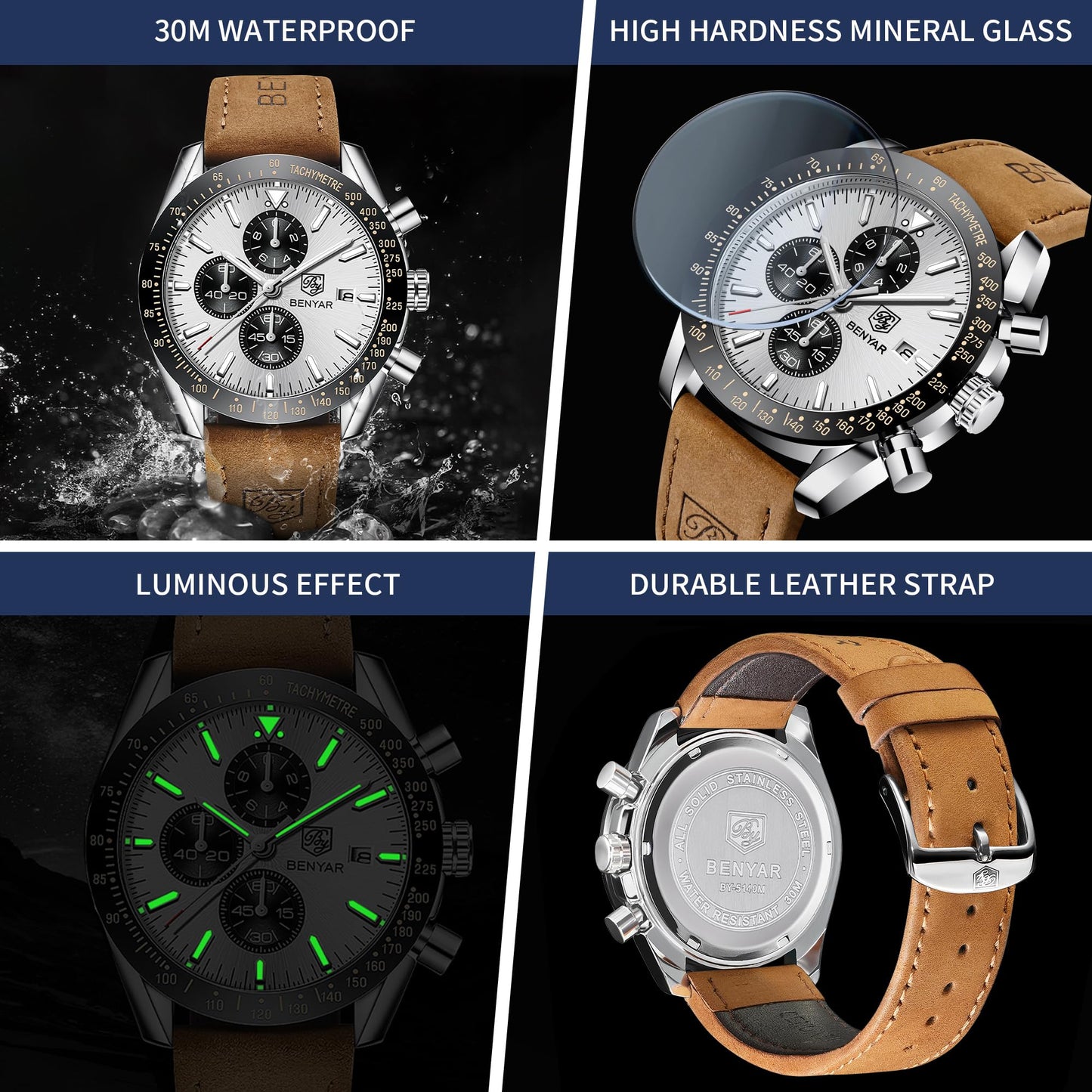 BY BENYAR Men's 45mm Chronograph Quartz Watch | Silicone Strap, Water Resistant