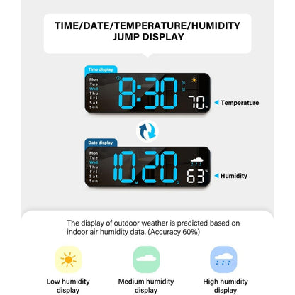 대형 LED 디지털 벽시계 블루 리모컨 포함 (Large LED Digital Wall Clock Blue with Remote)
