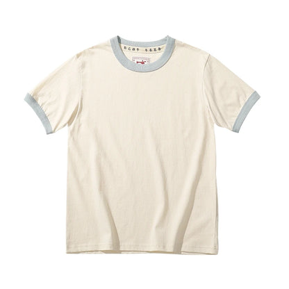 썸머 커플 컬러 스티치 코튼 반팔 티셔츠 (Summer Couple Stitching Color Collar Cotton T-Shirt)