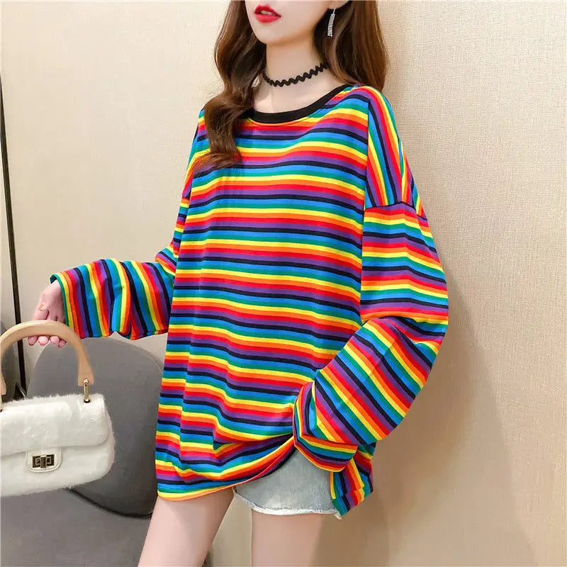 코사히키 여성 루즈핏 스트라이프 긴팔 티셔츠 (KOSAHIKI Women Loose Striped Long Sleeve T-Shirt)