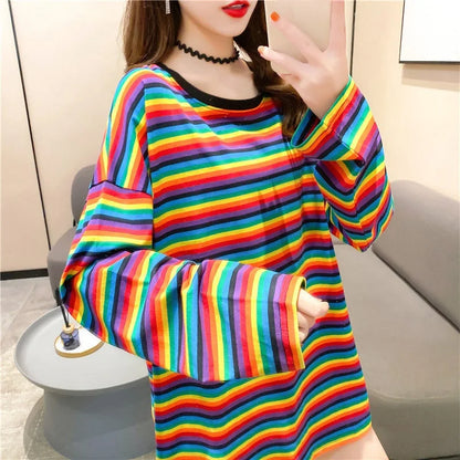 코사히키 여성 루즈핏 스트라이프 긴팔 티셔츠 (KOSAHIKI Women Loose Striped Long Sleeve T-Shirt)