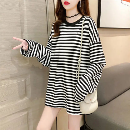 코사히키 여성 루즈핏 스트라이프 긴팔 티셔츠 (KOSAHIKI Women Loose Striped Long Sleeve T-Shirt)