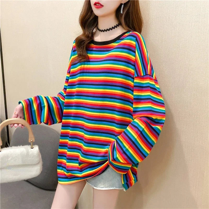 코사히키 여성 루즈핏 스트라이프 긴팔 티셔츠 (KOSAHIKI Women Loose Striped Long Sleeve T-Shirt)