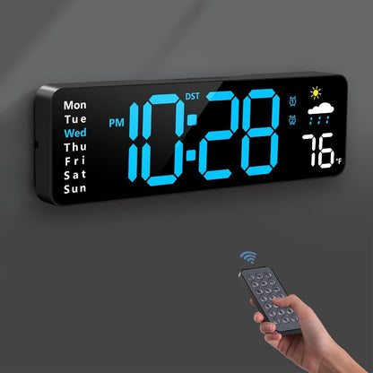 Large LED digital wall clock with blue display, remote control, date week temperature humidity, USB powered