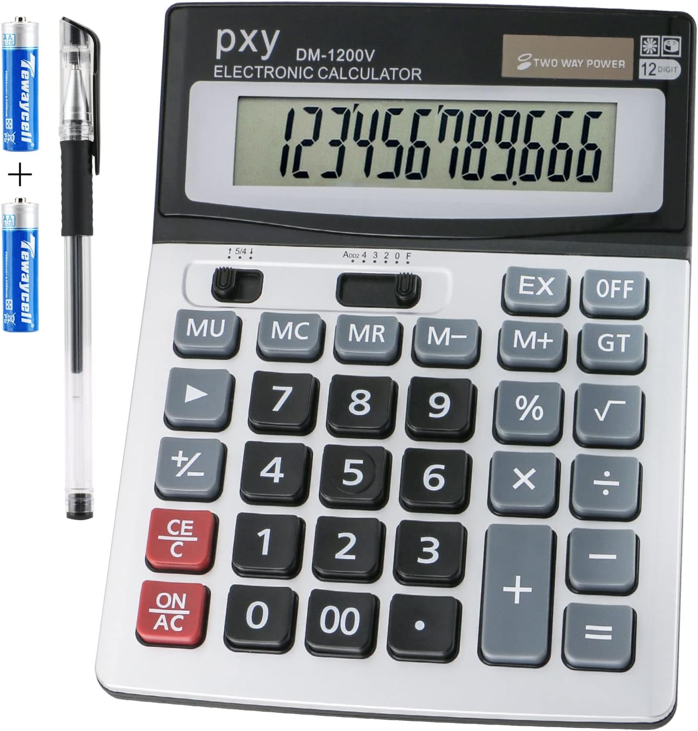 PXY 12 Digit Desk Calculator Extra Large LCD Solar and Battery Grey