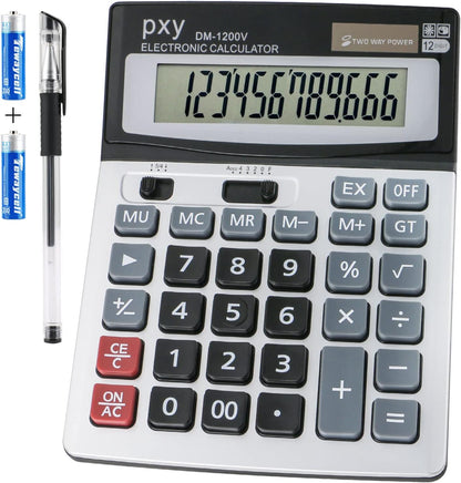 PXY 12 Digit Desk Calculator Extra Large LCD Solar and Battery Grey