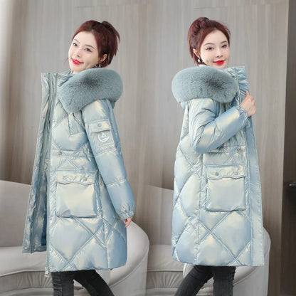 샴페인 여성 롱 패딩 파카 퍼 후드 코트 (Champagne Women Winter Long Puffer Parka with Fur Hood)