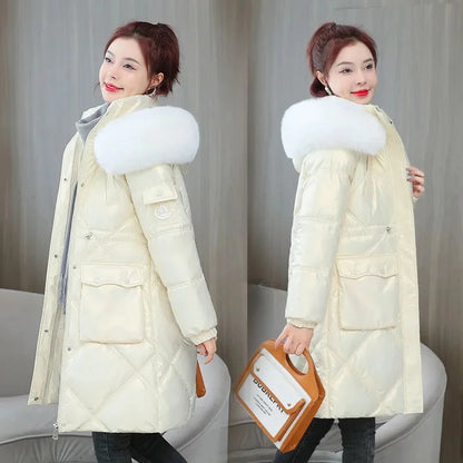 샴페인 여성 롱 패딩 파카 퍼 후드 코트 (Champagne Women Winter Long Puffer Parka with Fur Hood)