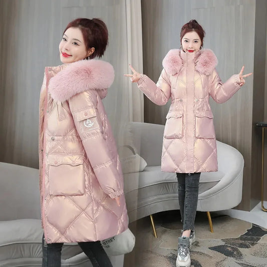 샴페인 여성 롱 패딩 파카 퍼 후드 코트 (Champagne Women Winter Long Puffer Parka with Fur Hood)