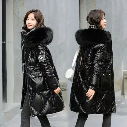 샴페인 여성 롱 패딩 파카 퍼 후드 코트 (Champagne Women Winter Long Puffer Parka with Fur Hood)