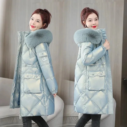 샴페인 여성 롱 패딩 파카 퍼 후드 코트 (Champagne Women Winter Long Puffer Parka with Fur Hood)