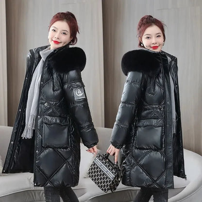 샴페인 여성 롱 패딩 파카 퍼 후드 코트 (Champagne Women Winter Long Puffer Parka with Fur Hood)