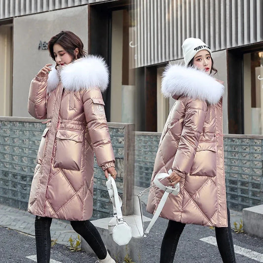 샴페인 여성 롱 패딩 파카 퍼 후드 코트 (Champagne Women Winter Long Puffer Parka with Fur Hood)