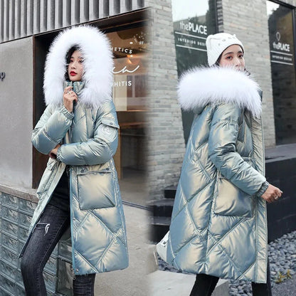샴페인 여성 롱 패딩 파카 퍼 후드 코트 (Champagne Women Winter Long Puffer Parka with Fur Hood)
