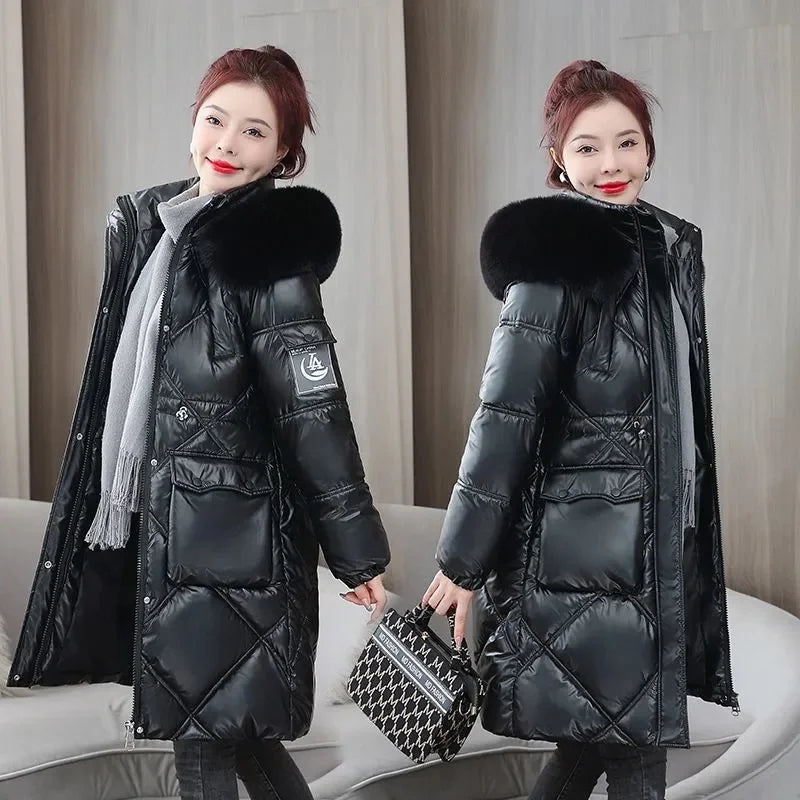 샴페인 여성 롱 패딩 파카 퍼 후드 코트 (Champagne Women Winter Long Puffer Parka with Fur Hood)