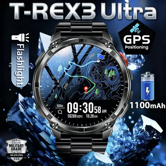 T-Rex3 Ultra 1.7” AMOLED round smart watch with 1100mAh battery, Bluetooth call, 100+ sports modes, 5ATM waterproof rugged design