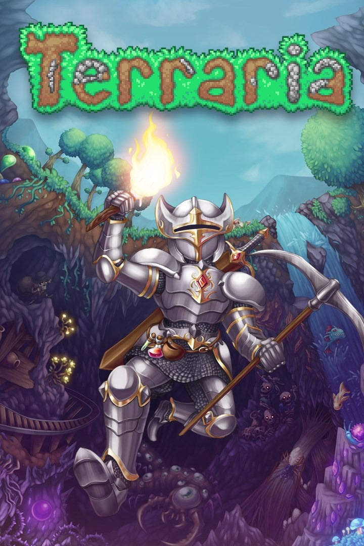 Terraria Xbox 게임플레이 스크린샷, 2D 샌드박스 세계에서 건설과 전투를 진행하는 장면