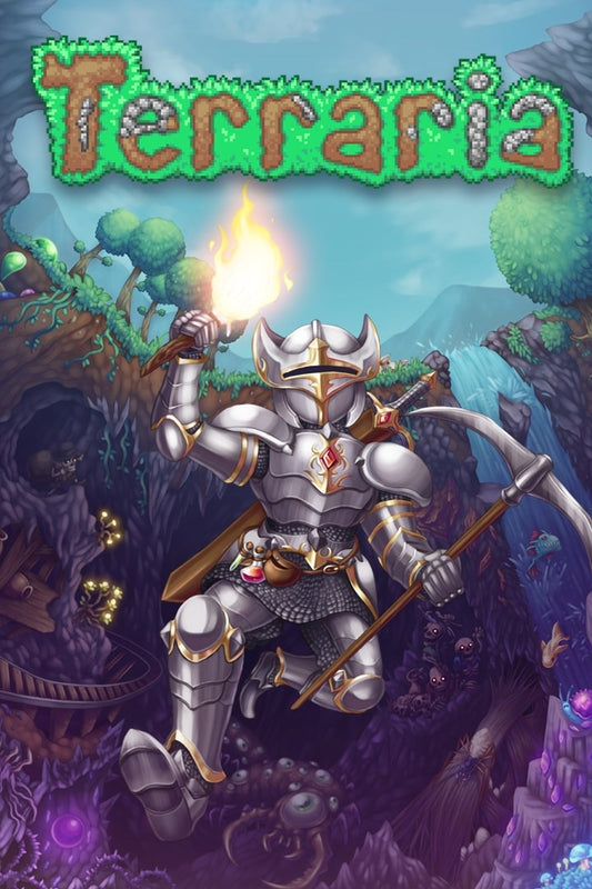 Terraria Xbox 게임플레이 스크린샷, 2D 샌드박스 세계에서 건설과 전투를 진행하는 장면