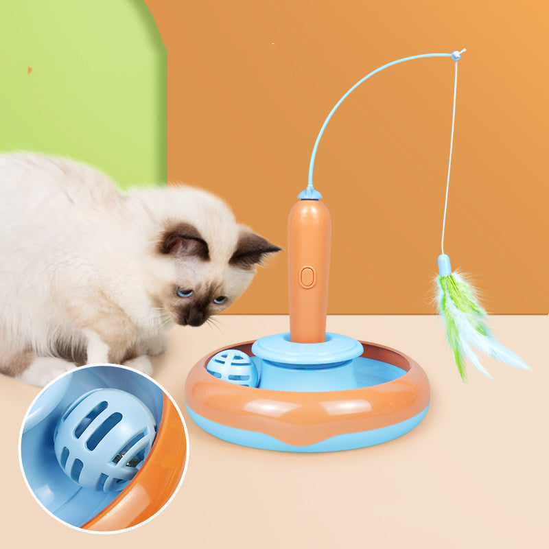 2-in-1 Interactive Cat Toy Turntable with Feather Self Play Toy