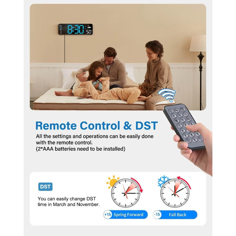 대형 LED 디지털 벽시계 블루 리모컨 포함 (Large LED Digital Wall Clock Blue with Remote)