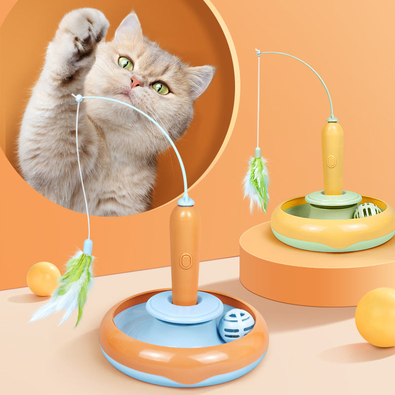 2-in-1 Interactive Cat Toy Turntable with Feather Self Play Toy